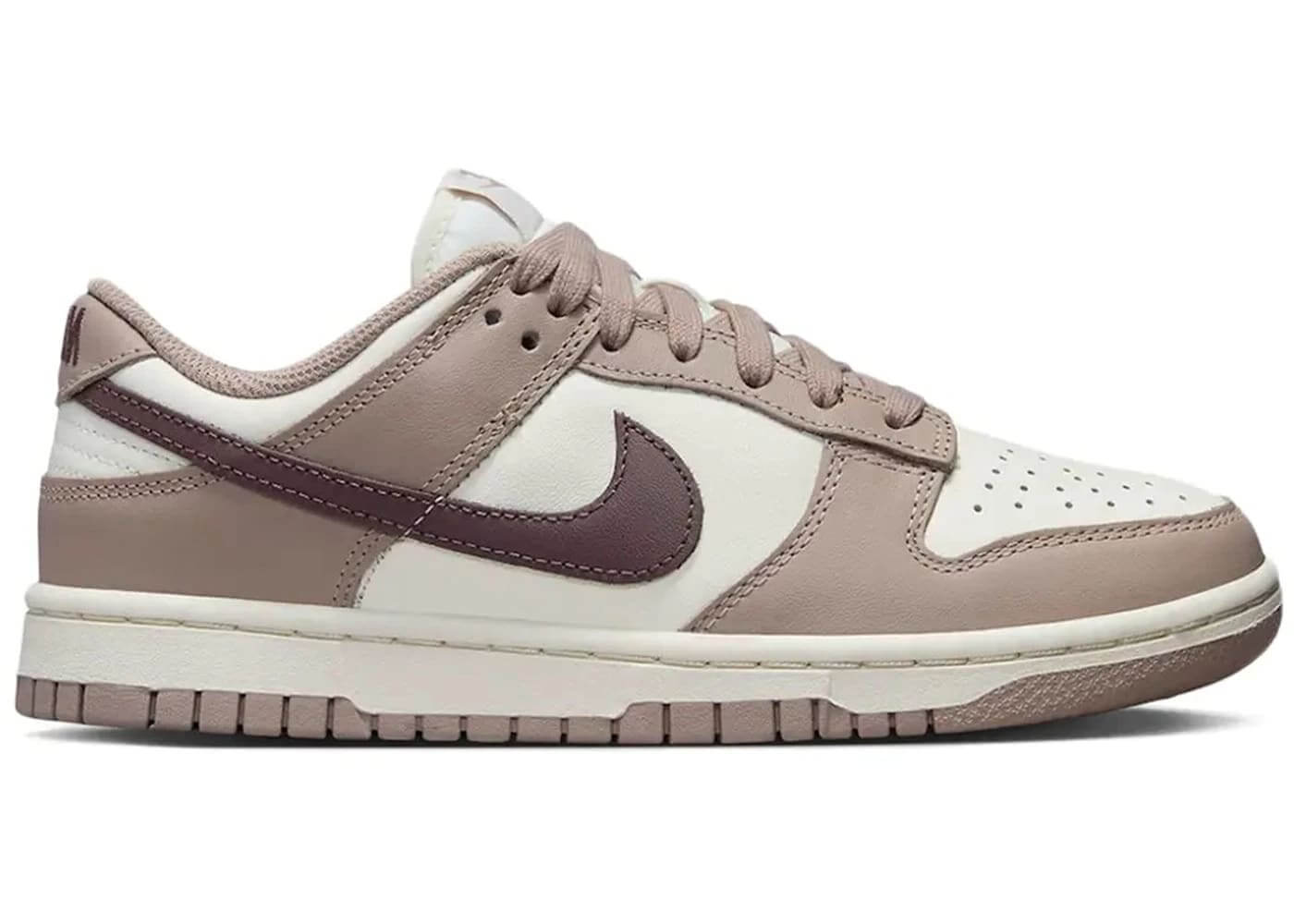 Nike Dunk Low Sail Plum Eclipse women's sneaker in taupe and cream with a burgundy swoosh, 100% authentic.