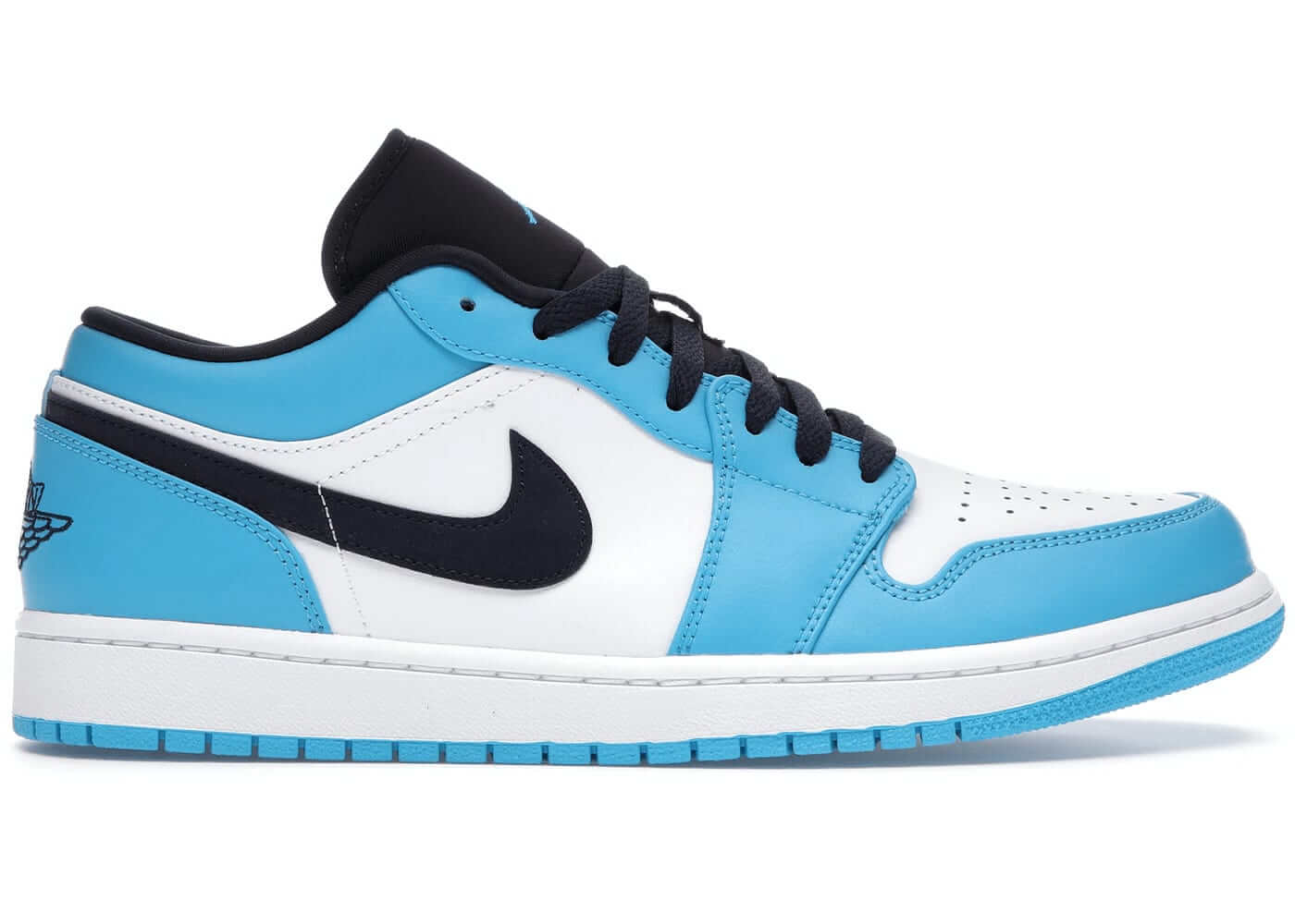 Jordan 1 Low UNC (2021) sneaker in blue and white, featuring black accents and classic design elements.