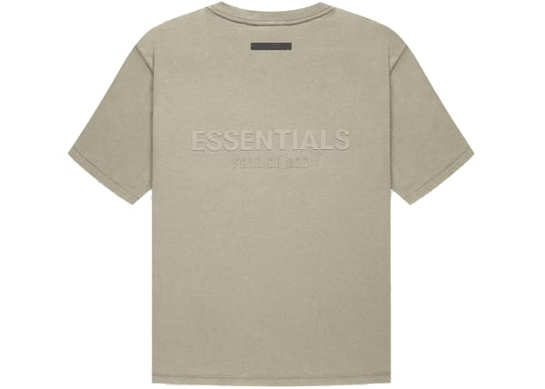 Fear of God Essentials pistachio T-shirt featuring logo on the back, part of Fall 2021 collection.