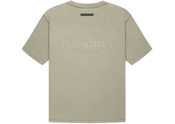 Fear of God Essentials pistachio T-shirt featuring logo on the back, part of Fall 2021 collection.