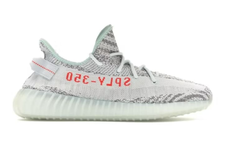 Adidas Yeezy Boost 350 V2 Blue Tint Marbled Grey Primeknit Upper Red SPLY 350 Text Blue Tint Translucent Boost Sole - BigBoiSneakers