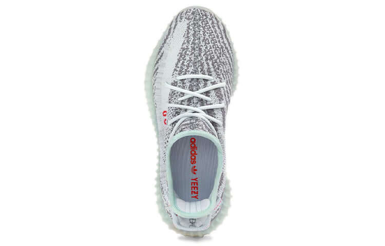 Adidas Yeezy Boost 350 V2 Blue Tint Marbled Grey Primeknit Upper Red SPLY 350 Text Blue Tint Translucent Boost Sole - BigBoiSneakers