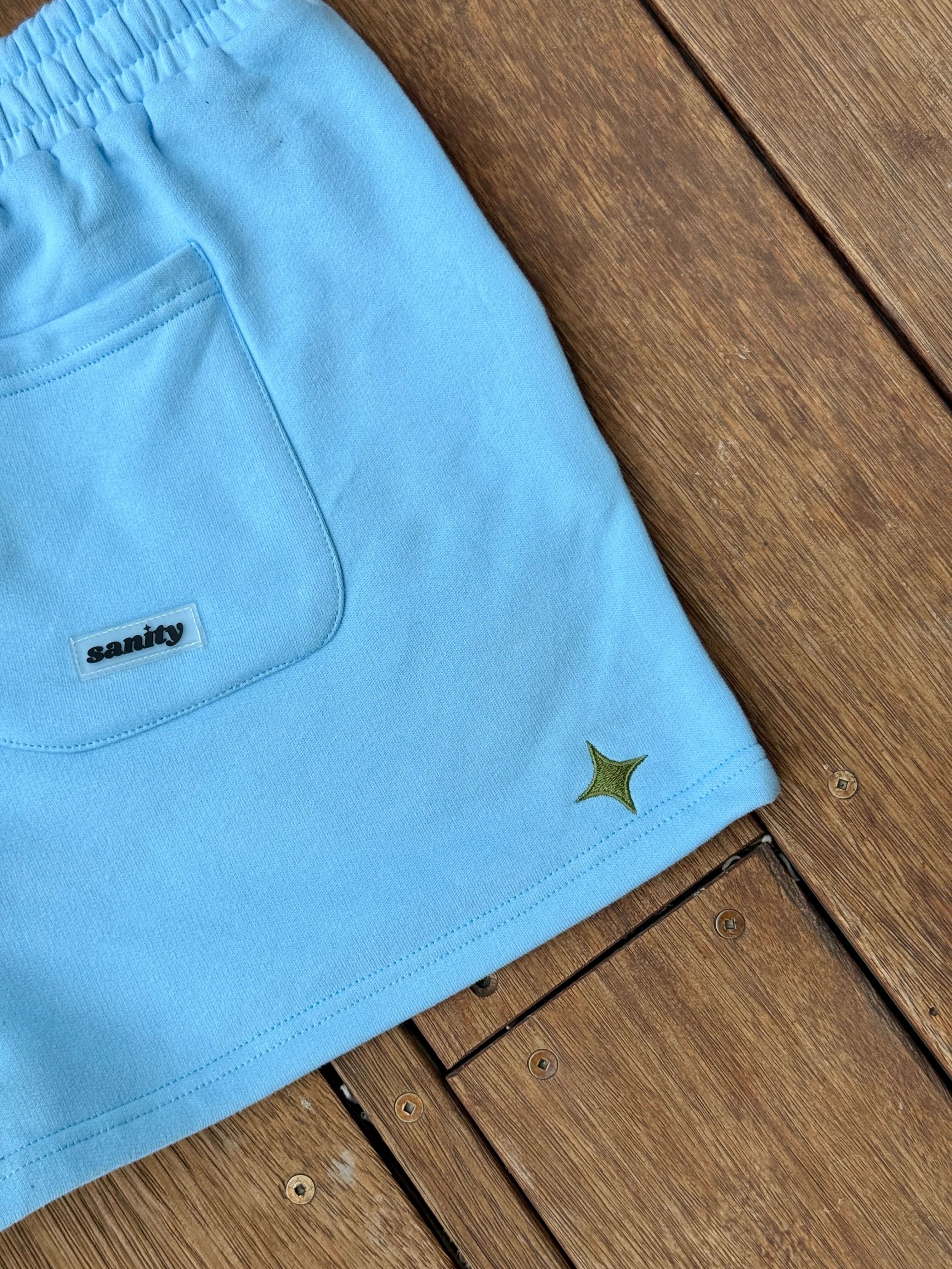 Sanity Ice Blue women's shorts featuring a relaxed fit, thick waistband, and side/back pockets on wooden surface.