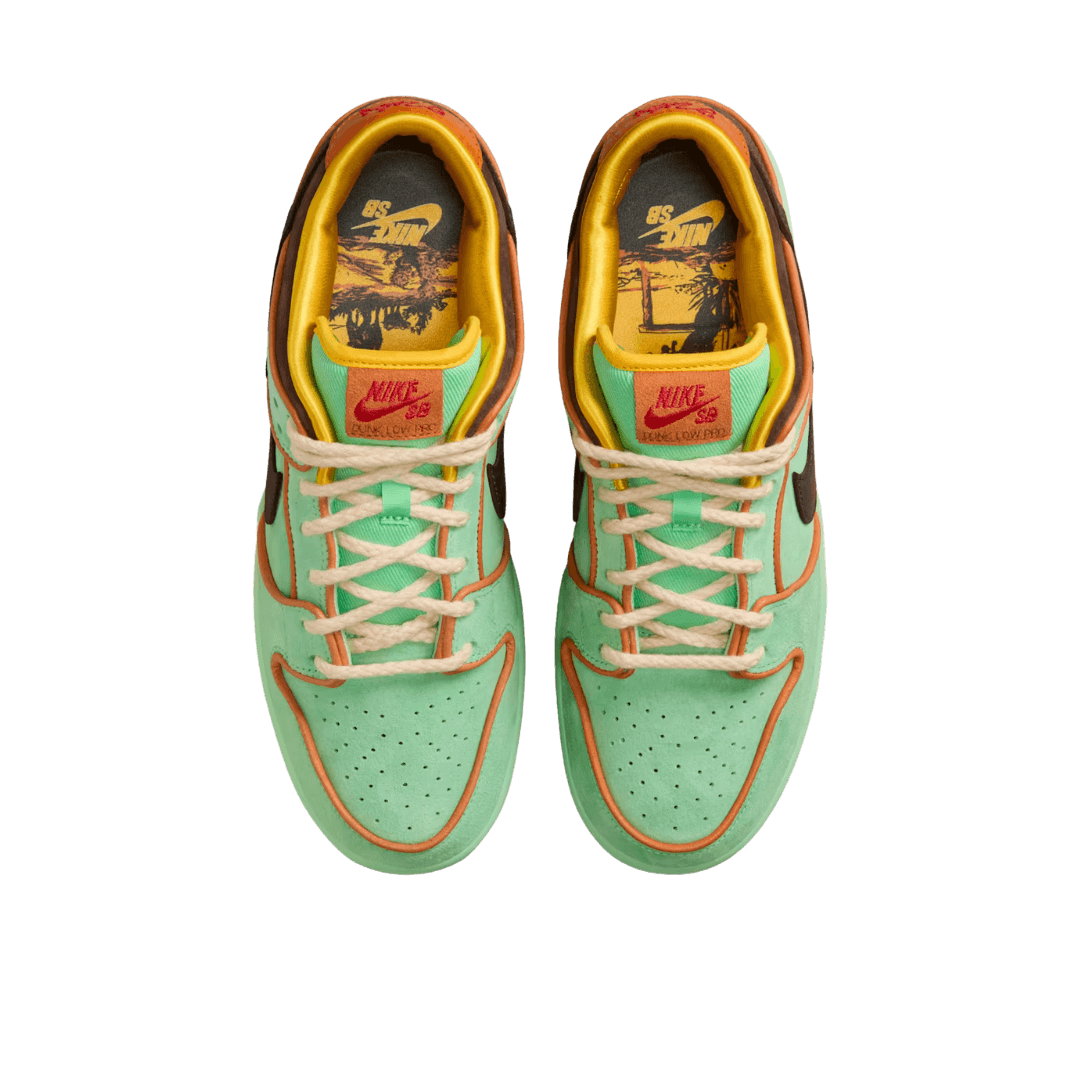 Nike SB Dunk Low Rodeo Tourmaline sneakers in mint green and orange, showcasing premium design and comfort.