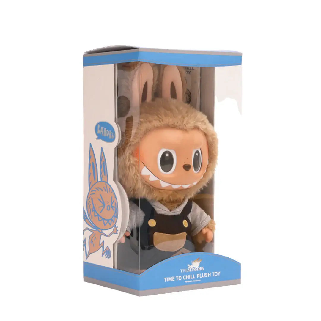 Pop Mart Labubu Time to Chill Vinyl Plush Doll in packaging, featuring cute design and signature toothy smile.