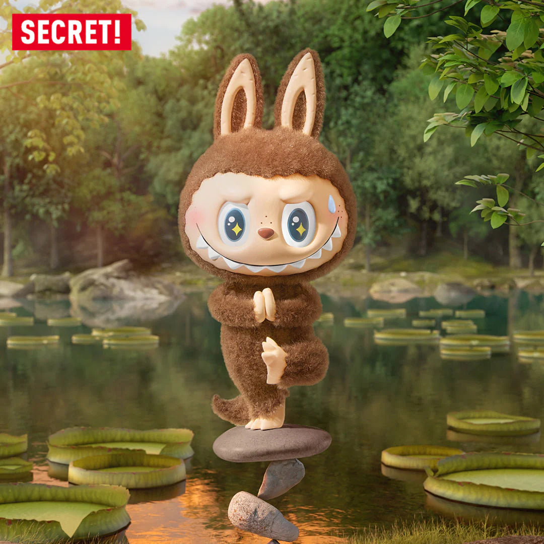 Pop Mart Labubu Secret Figure in yoga pose surrounded by nature, part of Lazy Yoga Series blind boxes collection.