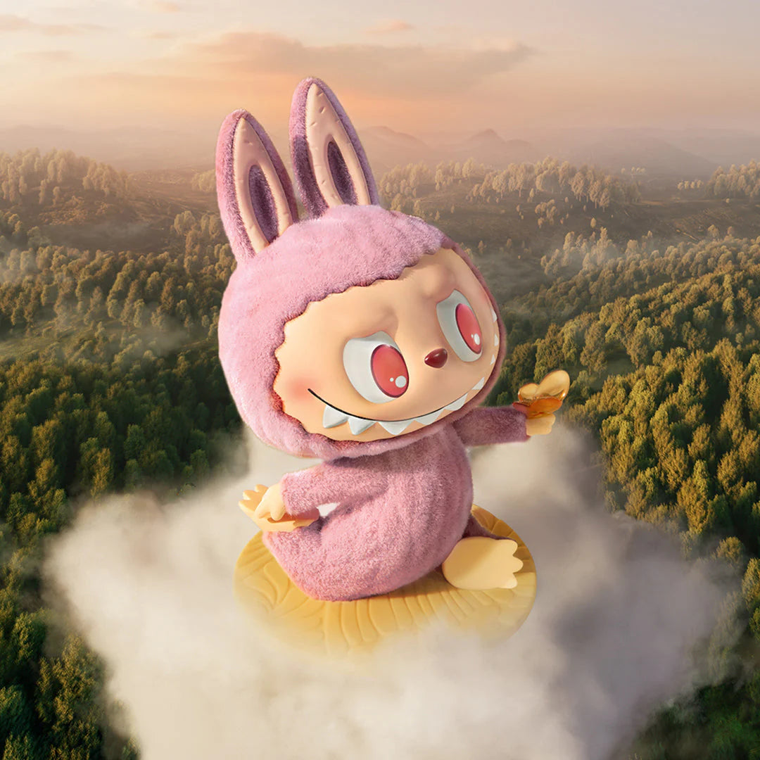 Cute pink Labubu figure in bunny costume floating on clouds in scenic nature landscape, part of Pop Mart's blind box series.