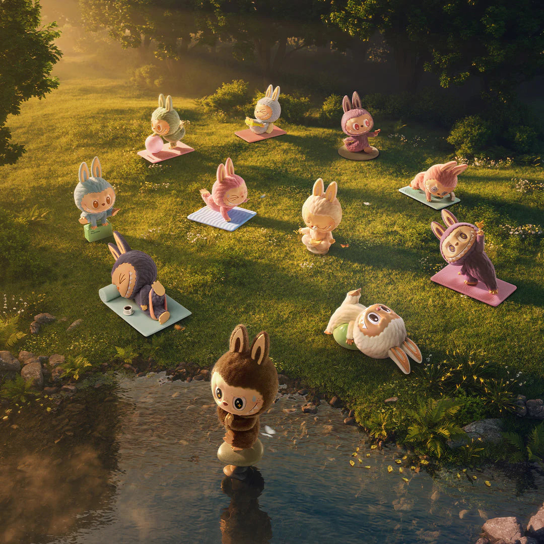 Pop Mart Labubu Lazy Yoga Series figures practicing yoga outdoors, featuring cute bunny designs in various poses.