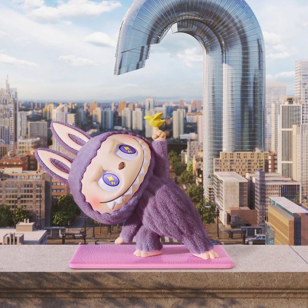 Pop Mart Labubu figure in yoga pose on city rooftop, vibrant skyline background, vibrant purple costume.