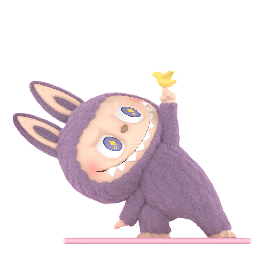 Pop Mart Labubu Lazy Yoga Series figure in purple bunny costume holding a yellow bird, playful and whimsical design.