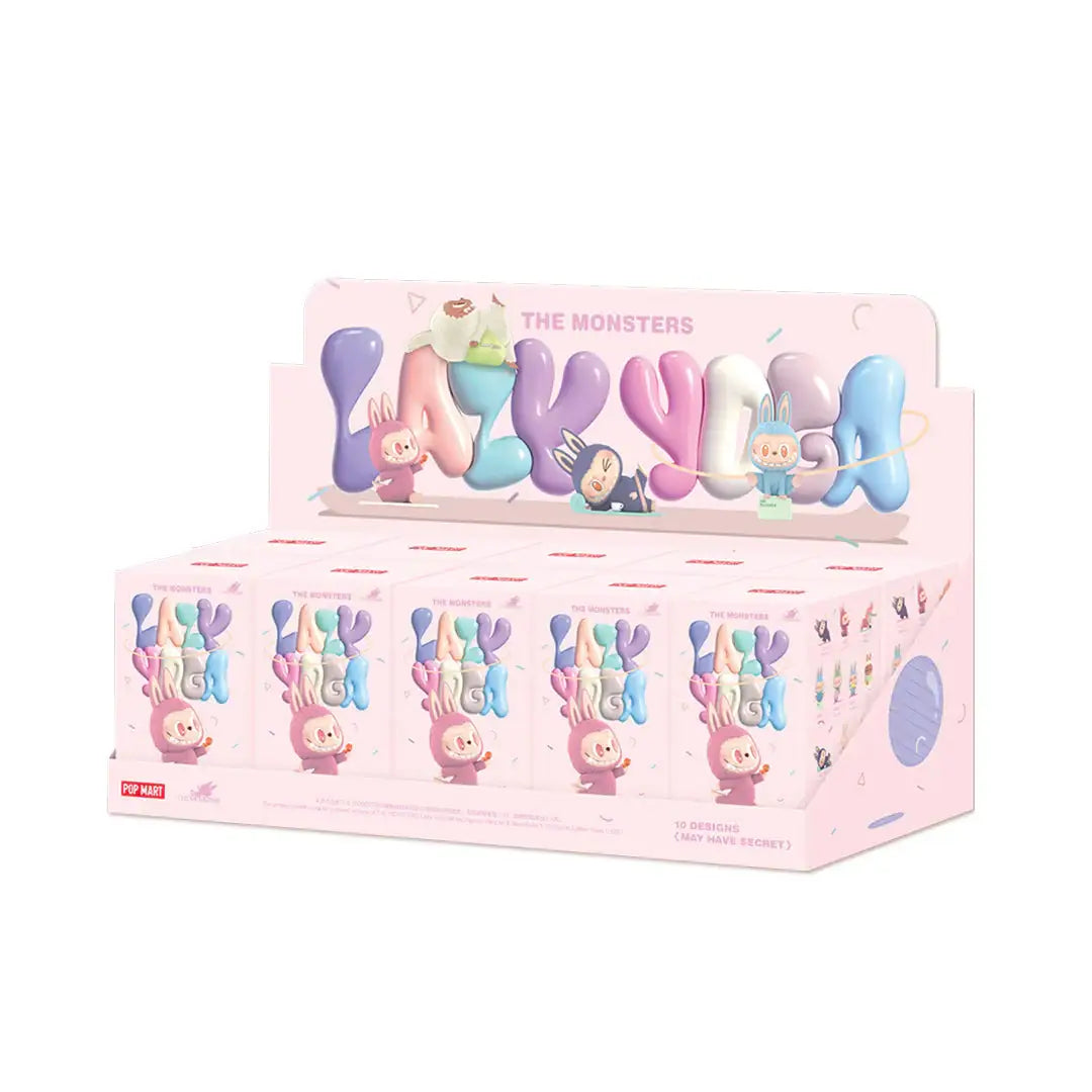 Pop Mart Labubu The Monsters Lazy Yoga series figures sealed case with 10 blind boxes on display.