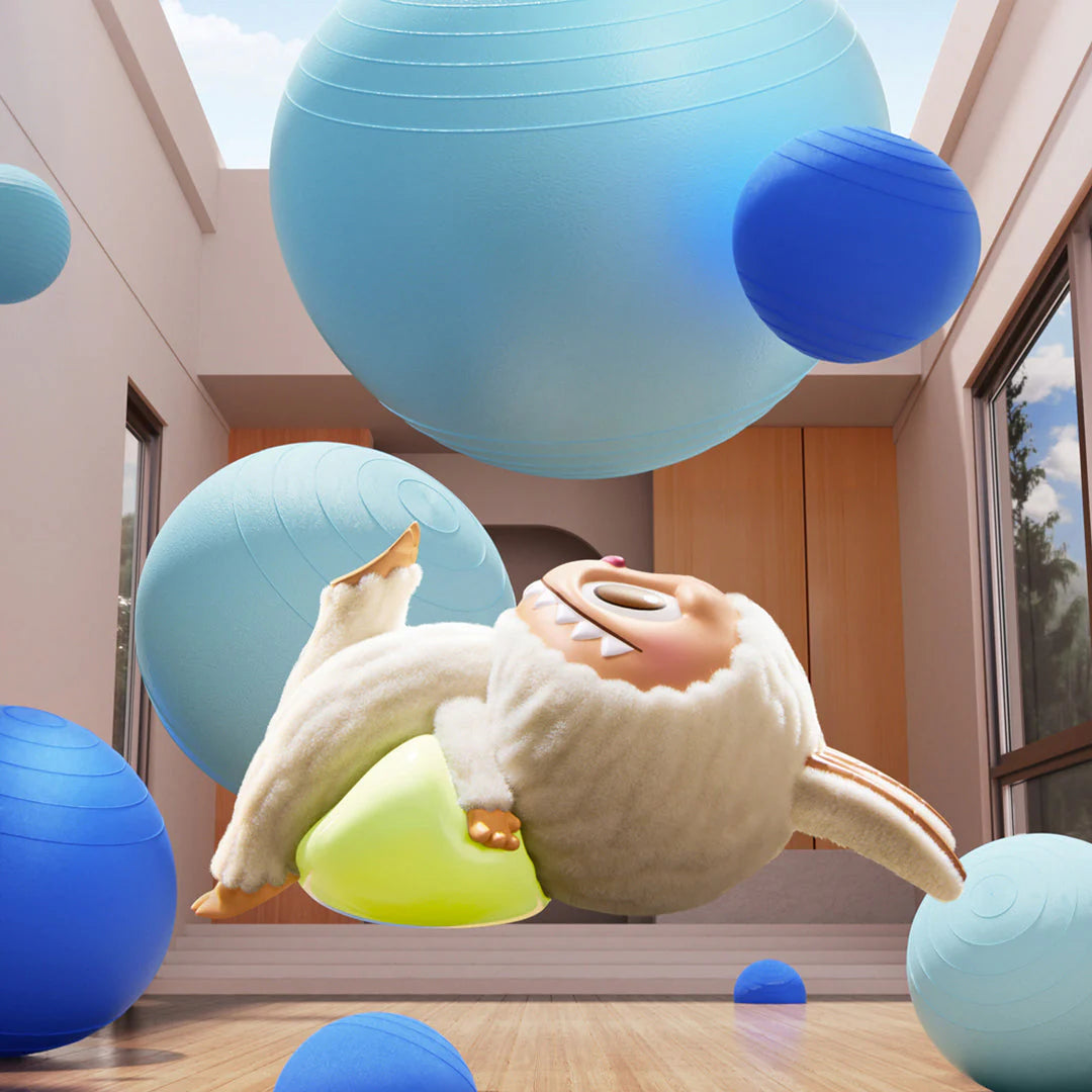 Cute white creature floating among blue exercise balls in a bright, modern room.