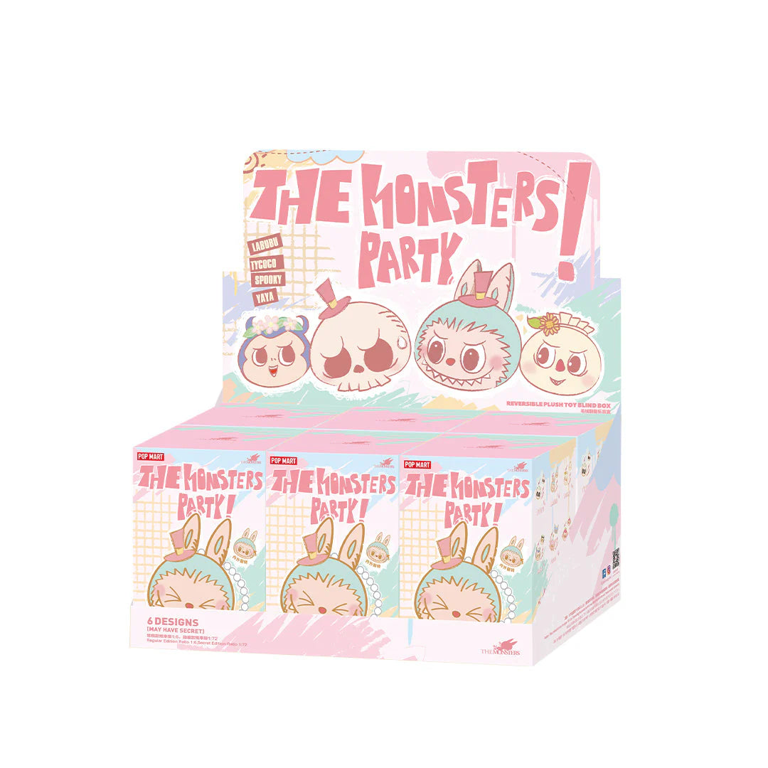 Pop Mart Labubu The Monsters Party Series plush dolls blind box display featuring cute designs and vibrant colors.