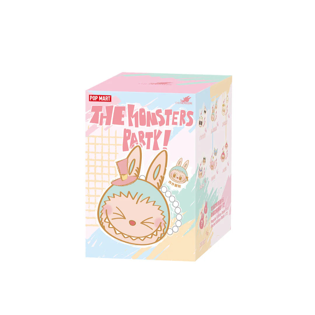 Pop Mart Labubu The Monsters Party Series blind box doll packaging, colorful and playful design.