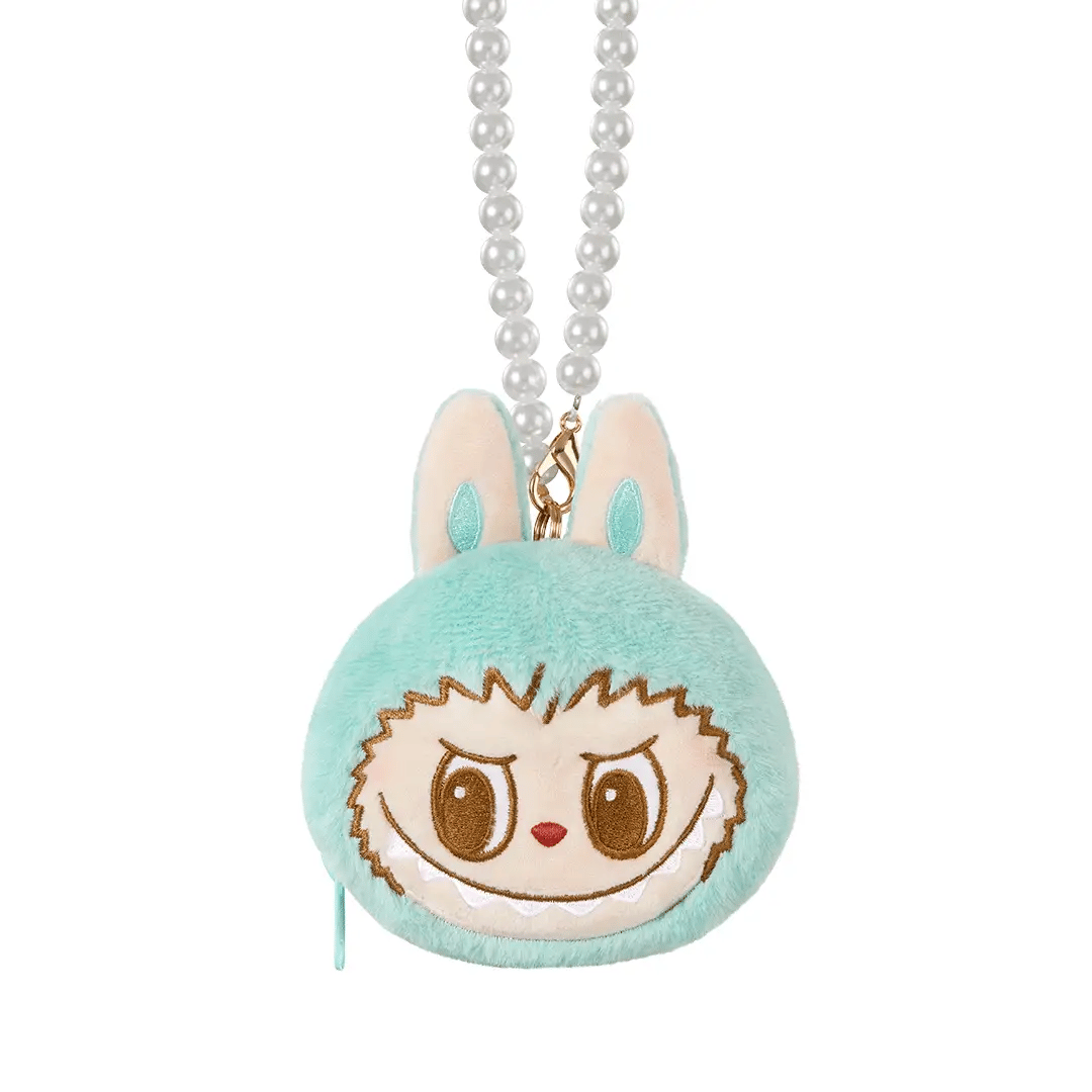 Pop Mart reversible plush doll with bunny ears, featuring a mischievous face and pearl chain.