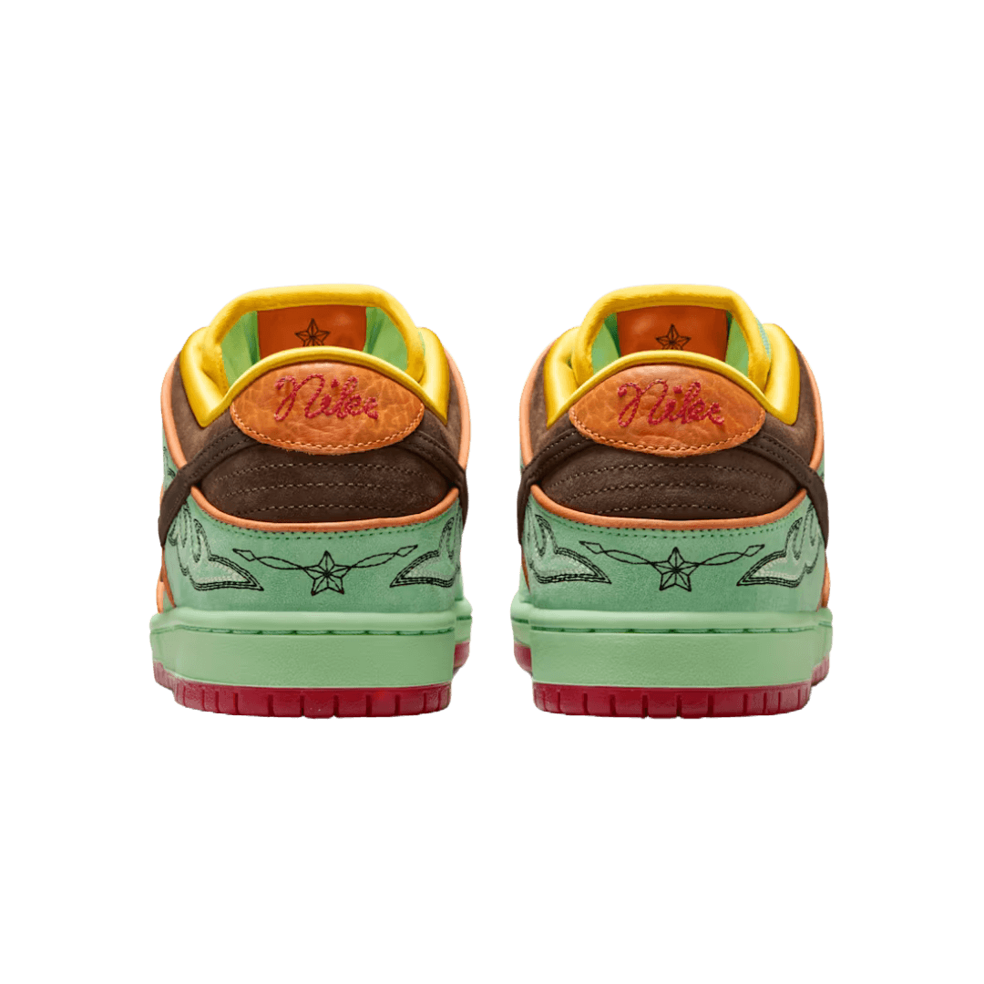 Nike SB Dunk Low Rodeo Tourmaline back view showcasing vibrant colors and unique design details.