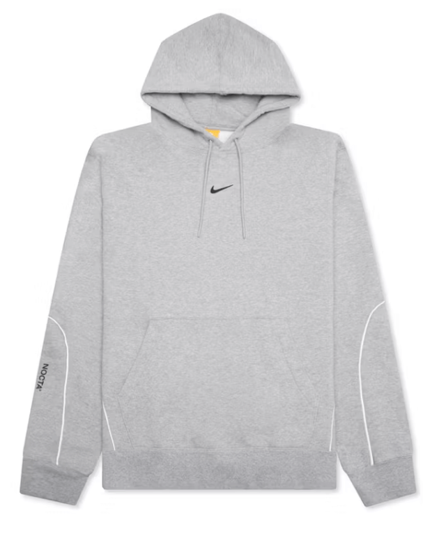 Nike x NOCTA NRG Fleece Hoodie in Dark Grey Heather with reflective details and sleek design.