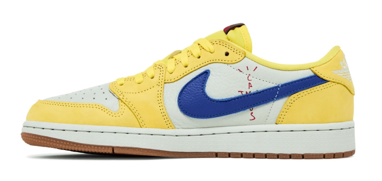 Jordan 1 Retro Low OG SP Travis Scott Canary sneakers in yellow and blue, 100% authentic, for women.
