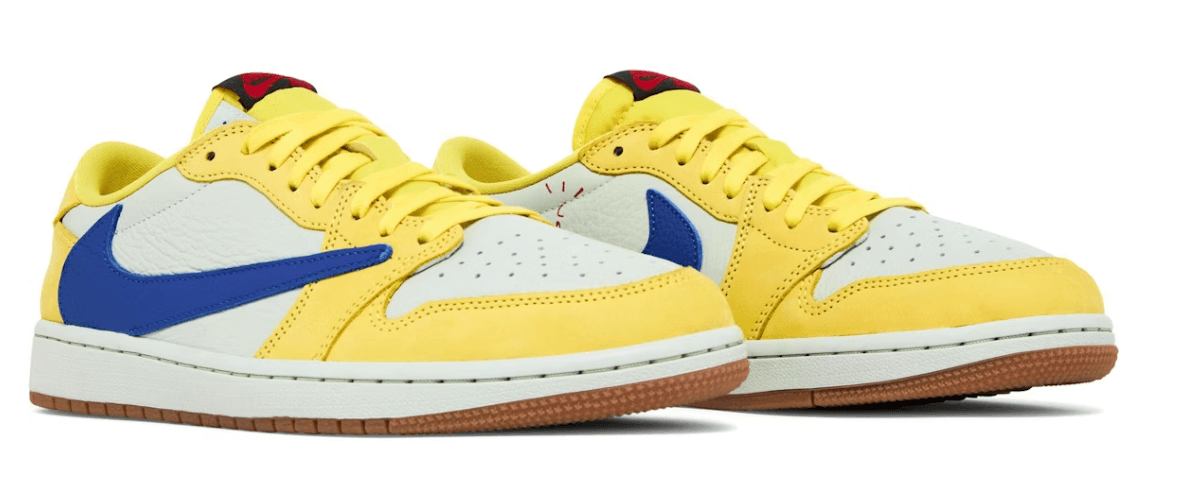 Jordan 1 Retro Low OG SP Travis Scott Canary for women - vibrant yellow and blue sneakers, 100% authentic, 7-10 days shipping.