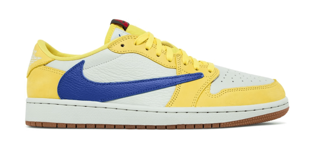 Jordan 1 Retro Low OG SP Travis Scott Canary for women, featuring yellow and blue design, 100% authentic sneaker