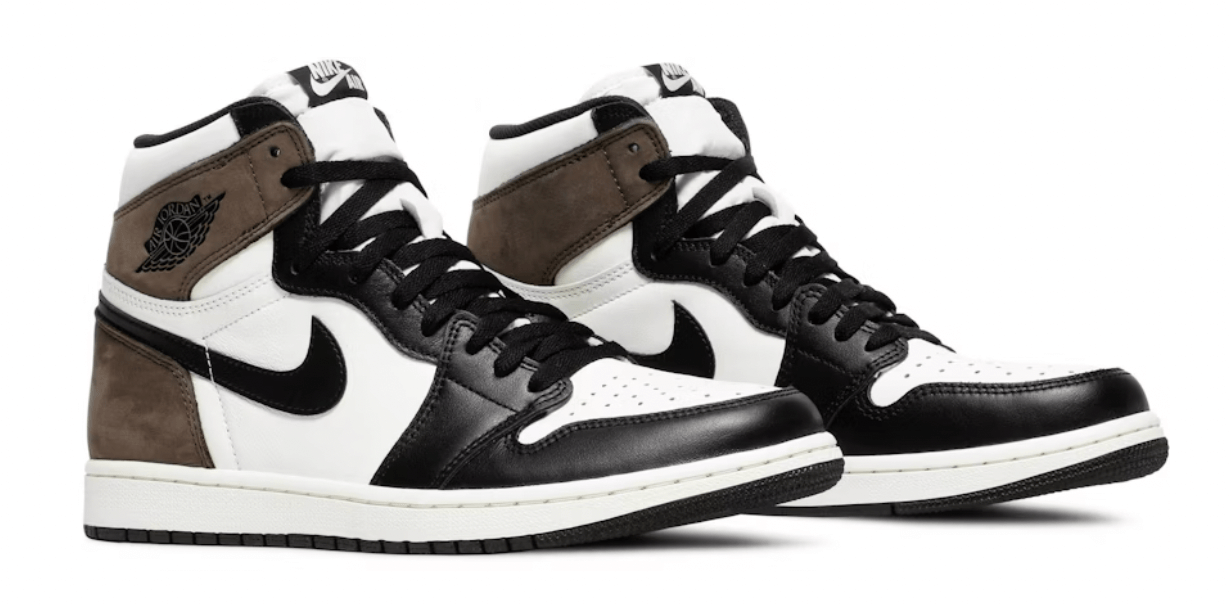 Jordan 1 Retro High Dark Mocha sneakers in black, white, and brown, 100% authentic with next day express shipping.