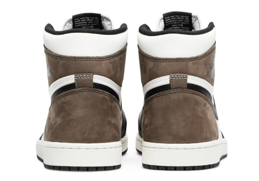 Back view of Jordan 1 Retro High Dark Mocha sneakers featuring premium suede and leather construction.