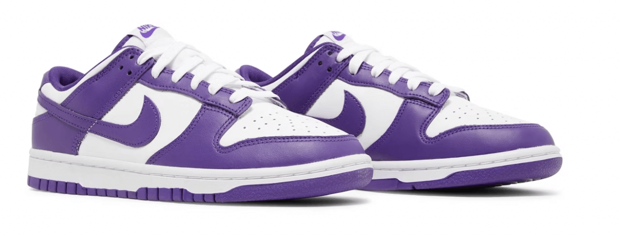 Nike Dunk Low Court Purple sneakers in white and purple, 100% authentic with next day shipping, available in various sizes.