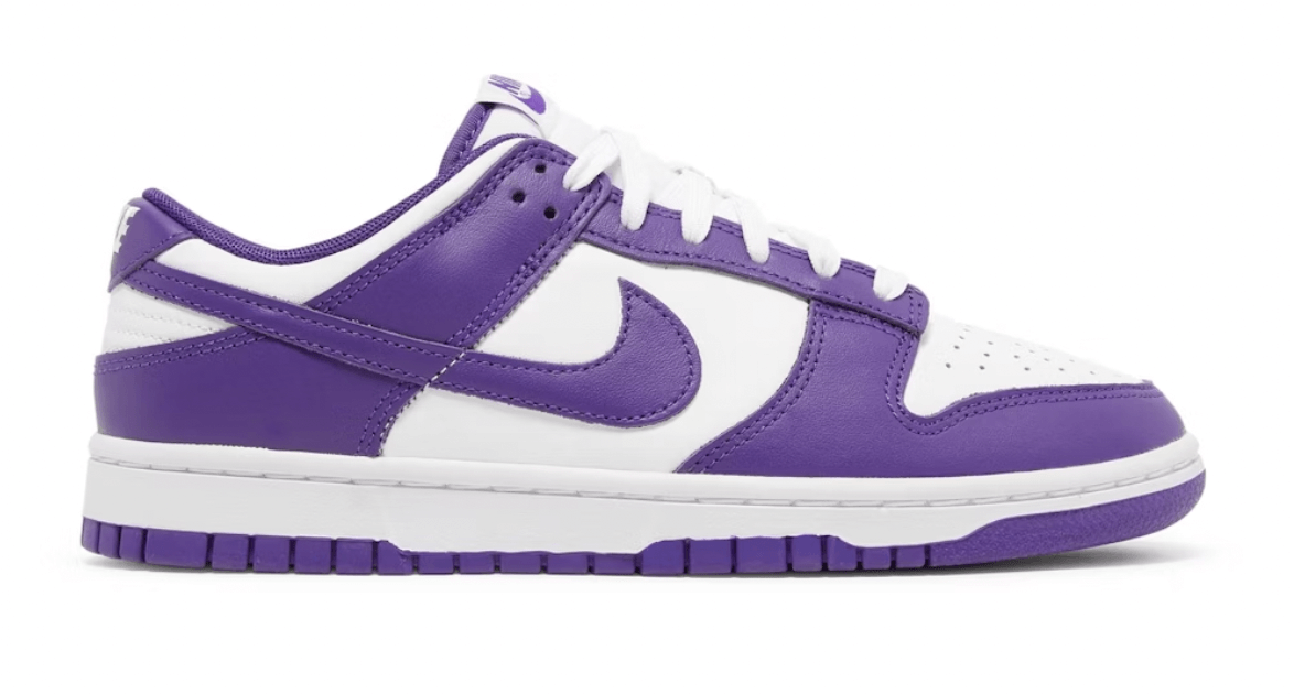 Nike Dunk Low Court Purple sneaker in white and purple, 100% authentic, brand new, available with next day express shipping.
