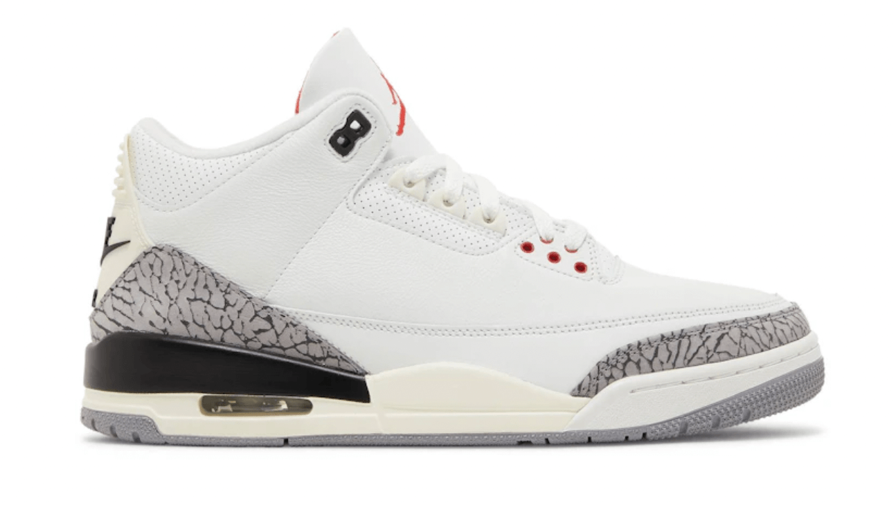 Jordan 3 Retro White Cement Reimagined sneaker in white with cement detailing, 100% authentic and brand new.