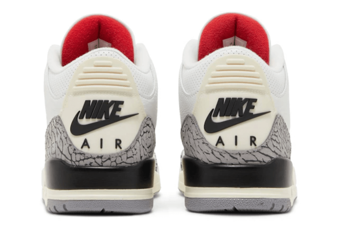 Nike Air Jordan 3 Retro White Cement Reimagined sneakers, showcasing back view with iconic logo and design elements.