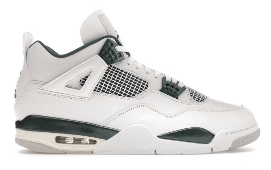 Jordan 4 Retro Oxidized Green sneaker with white and green accents, brand new and 100% authentic.
