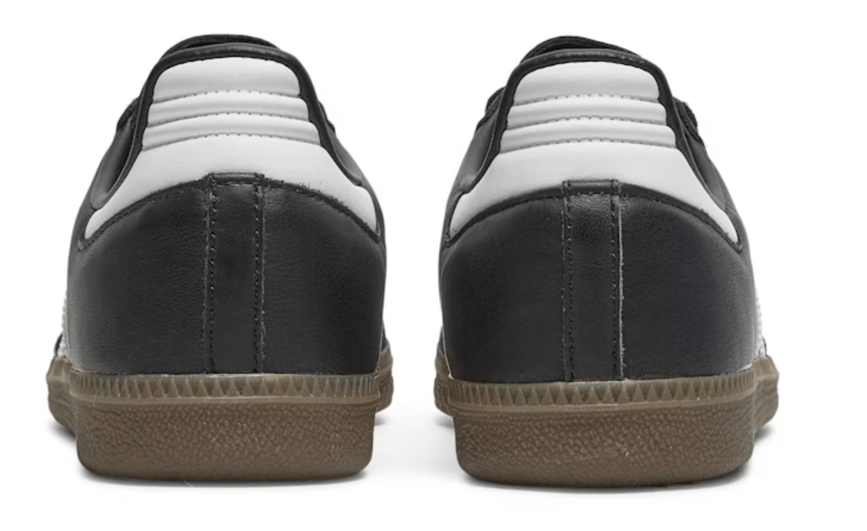 adidas Samba OG Black White Gum sneakers back view showing black leather and gum sole, brand new and 100% authentic