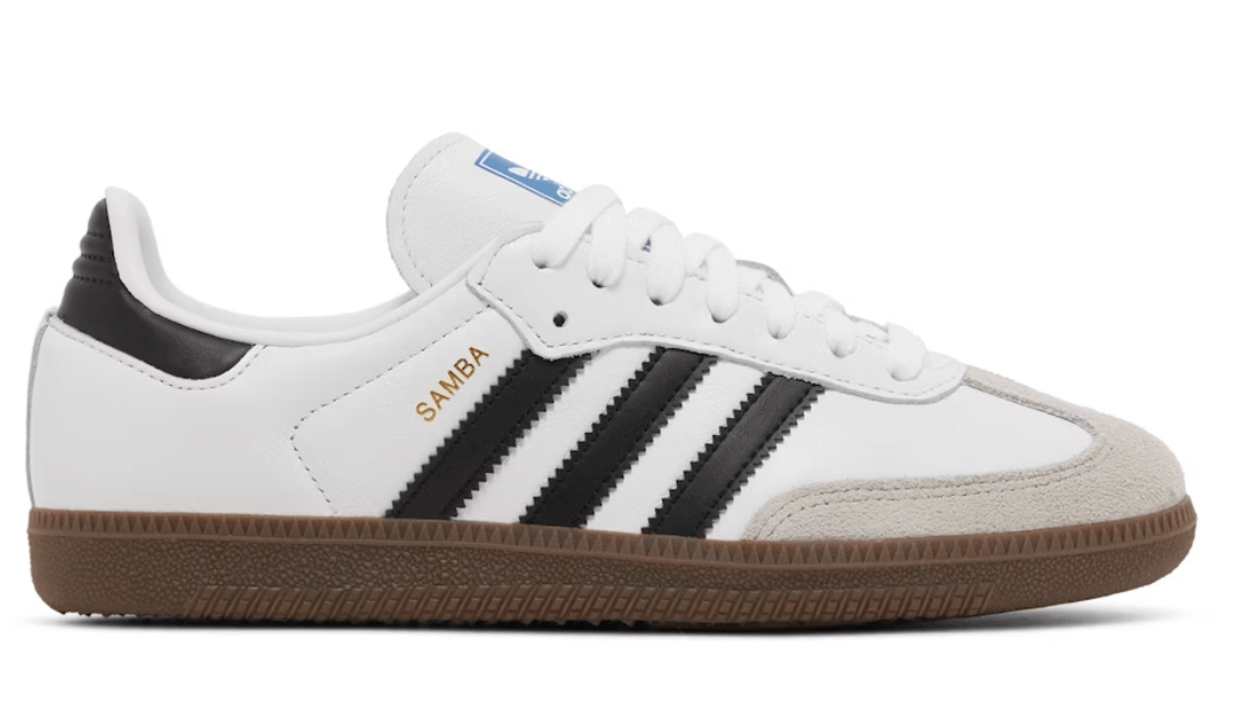 Adidas Samba OG sneakers in white and black with a classic design, featuring three stripes and a gum sole, 100% authentic.