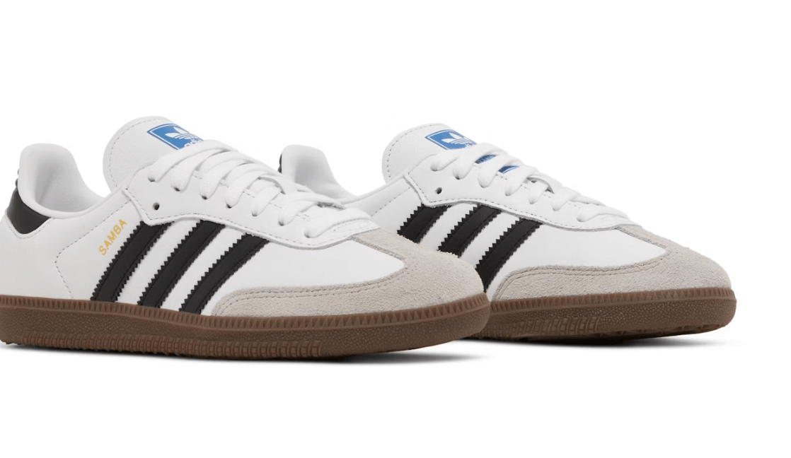 Adidas Samba OG White Black sneaker pair with gum sole, featuring classic three stripes design.