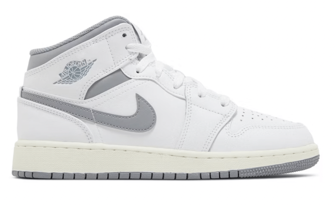 Air Jordan 1 Mid Neutral Grey (GS) sneakers in white and grey, brand new, 100% authentic, available for next day express shipping.