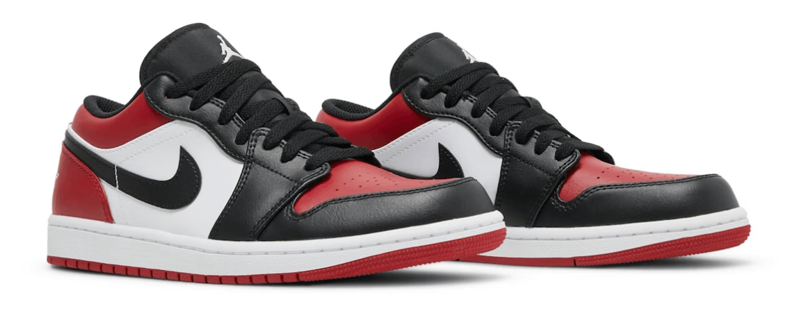 Jordan 1 Low Bred Toe GS shoes in black, red, and white leather with classic design and next day shipping available.
