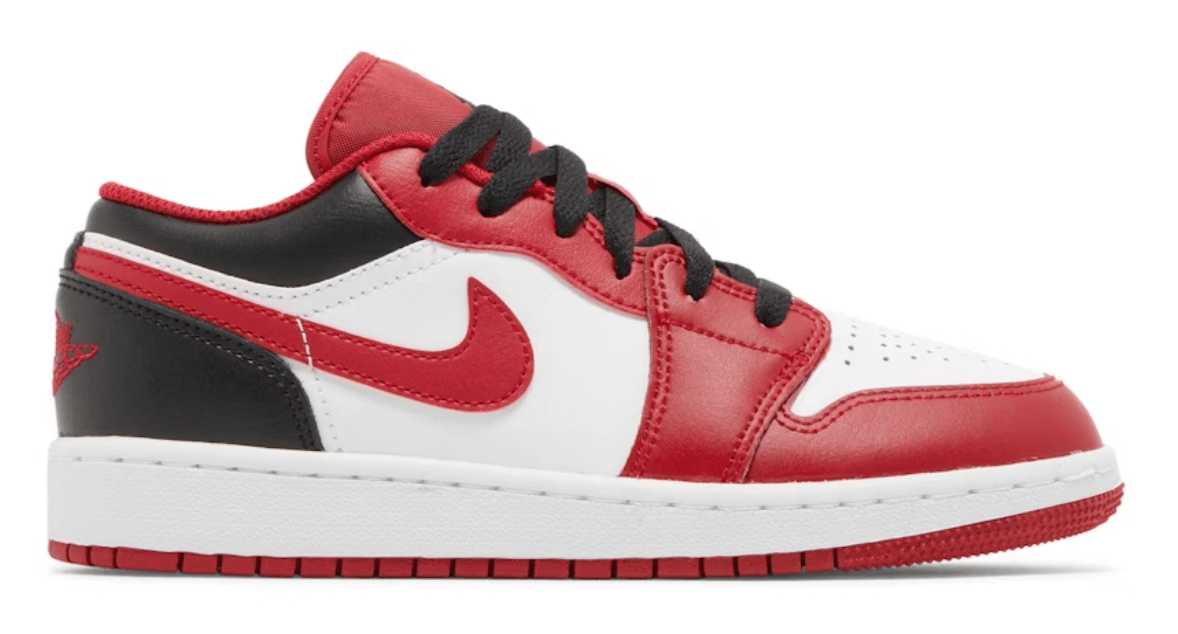 Jordan 1 Low Bulls (GS) sneakers in red, white, and black, 100% authentic, available for next day shipping.