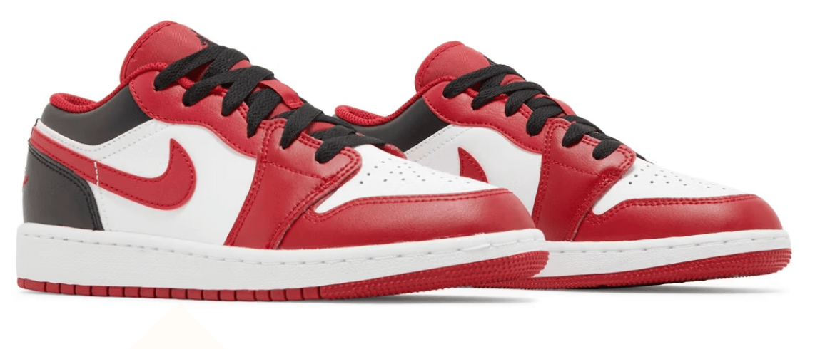 Jordan 1 Low Bulls (GS) sneakers in red and white, featuring signature Nike logo and stylish design for kids.