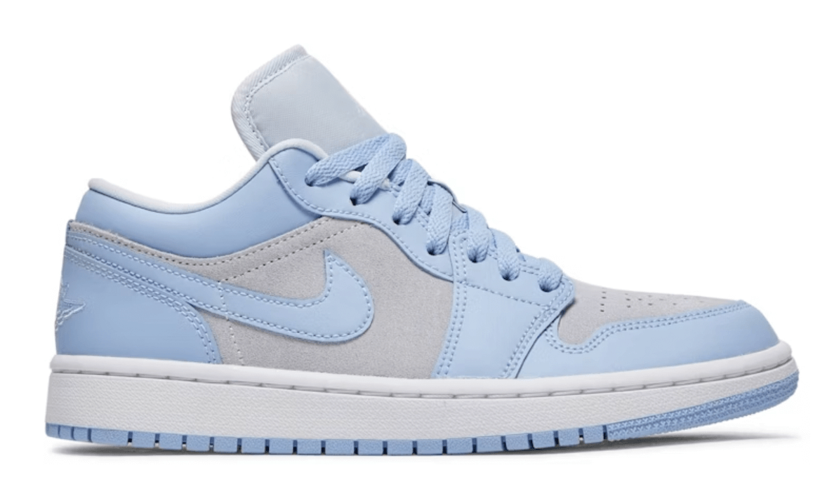 Jordan 1 Low Football Grey Aluminum women's sneakers in blue and grey, brand new, 100% authentic, available in various sizes.