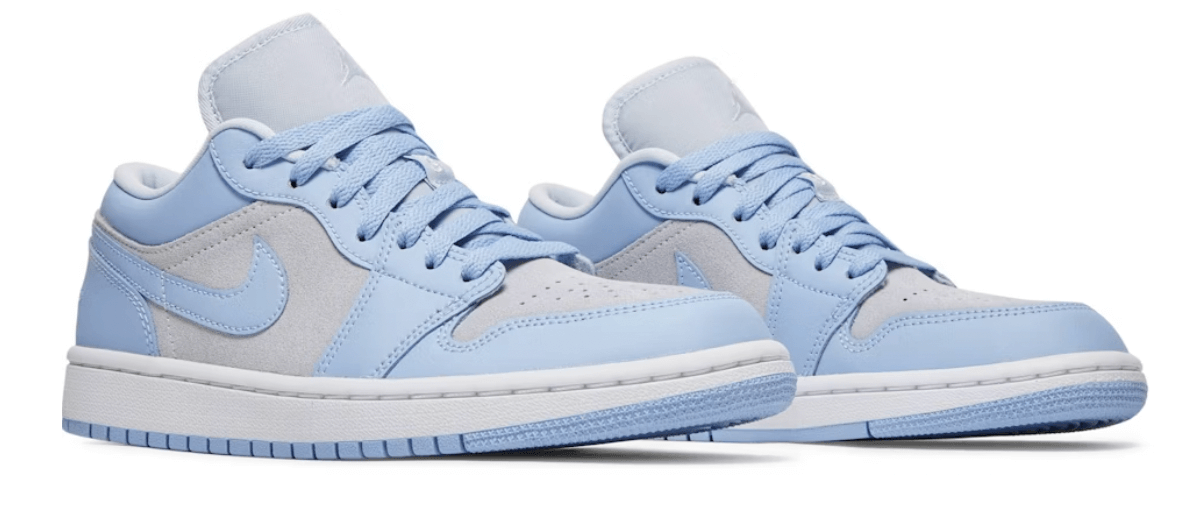 Jordan 1 Low Football Grey Aluminum Women's sneakers in light blue and grey with white soles, 100% authentic.