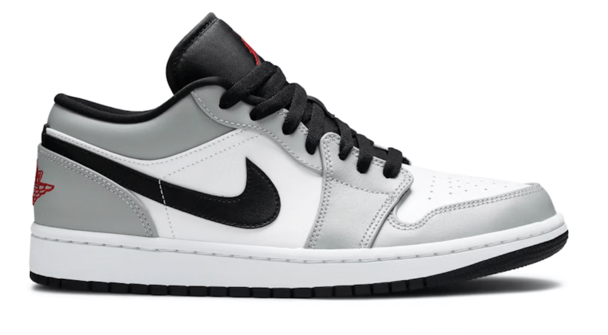 Jordan 1 Low Light Smoke Grey sneaker with black and white accents, 100% authentic, available in various sizes.