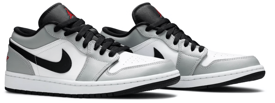 Jordan 1 Low Light Smoke Grey sneakers, 100% authentic, brand new, featuring black and grey colorway, perfect for casual wear.