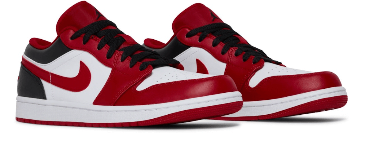 Jordan 1 Low Reverse Black Toe sneakers for women in red, black, and white. 100% authentic with next day shipping.