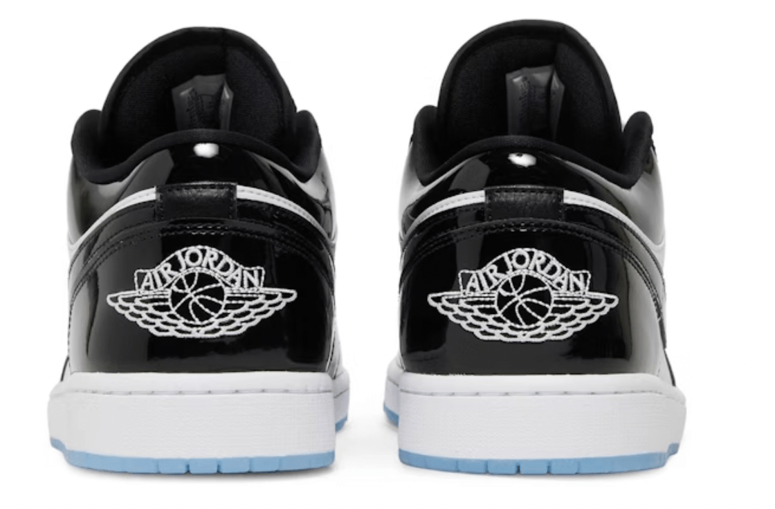 Back view of Jordan 1 Low SE Concord GS sneakers showcasing the iconic Air Jordan logo and sleek black finish.