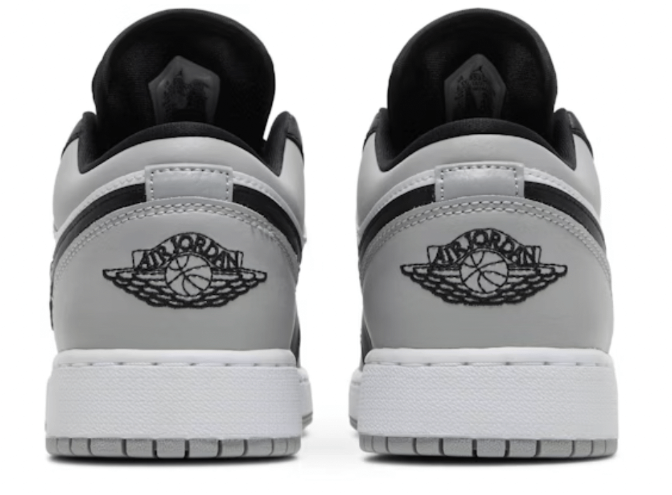 Jordan 1 Low Shadow Toe (GS) rear view showcasing 100% authentic design and Air Jordan logo.