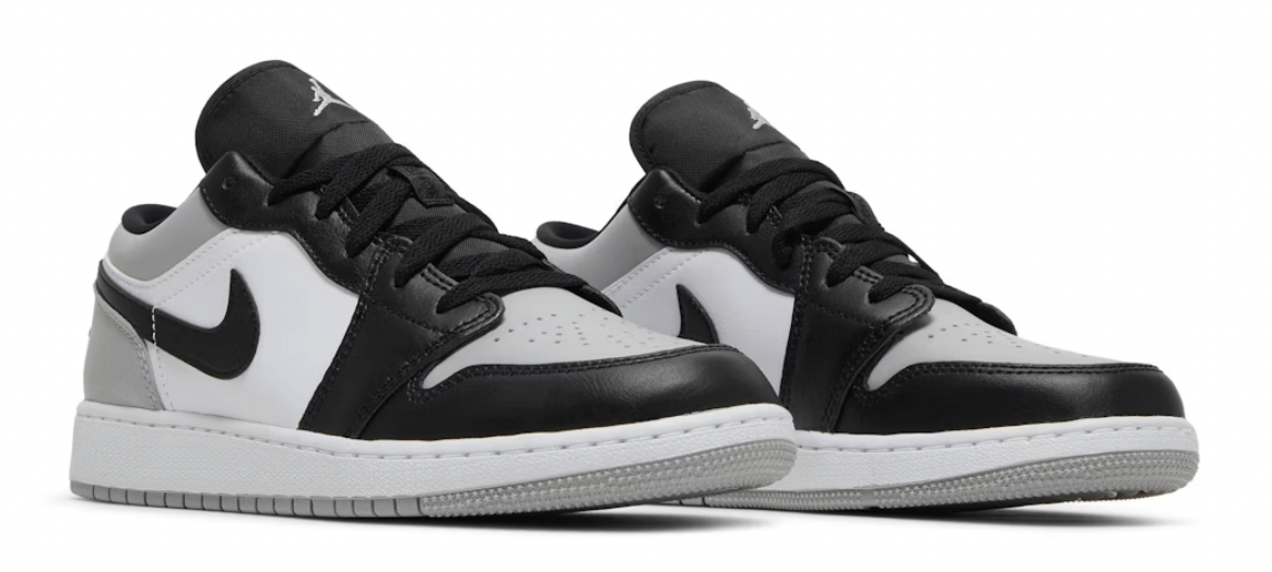 Jordan 1 Low Shadow Toe (GS) sneakers in black and white, brand new, 100% authentic, available with next day express shipping.