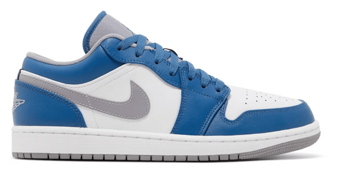 Jordan 1 Low True Blue sneakers with white and blue leather, featuring a gray swoosh, perfect for stylish casual wear.
