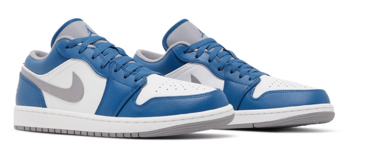 Jordan 1 Low True Blue GS sneakers in blue and white, featuring iconic design, 100% authentic, available for next day shipping.