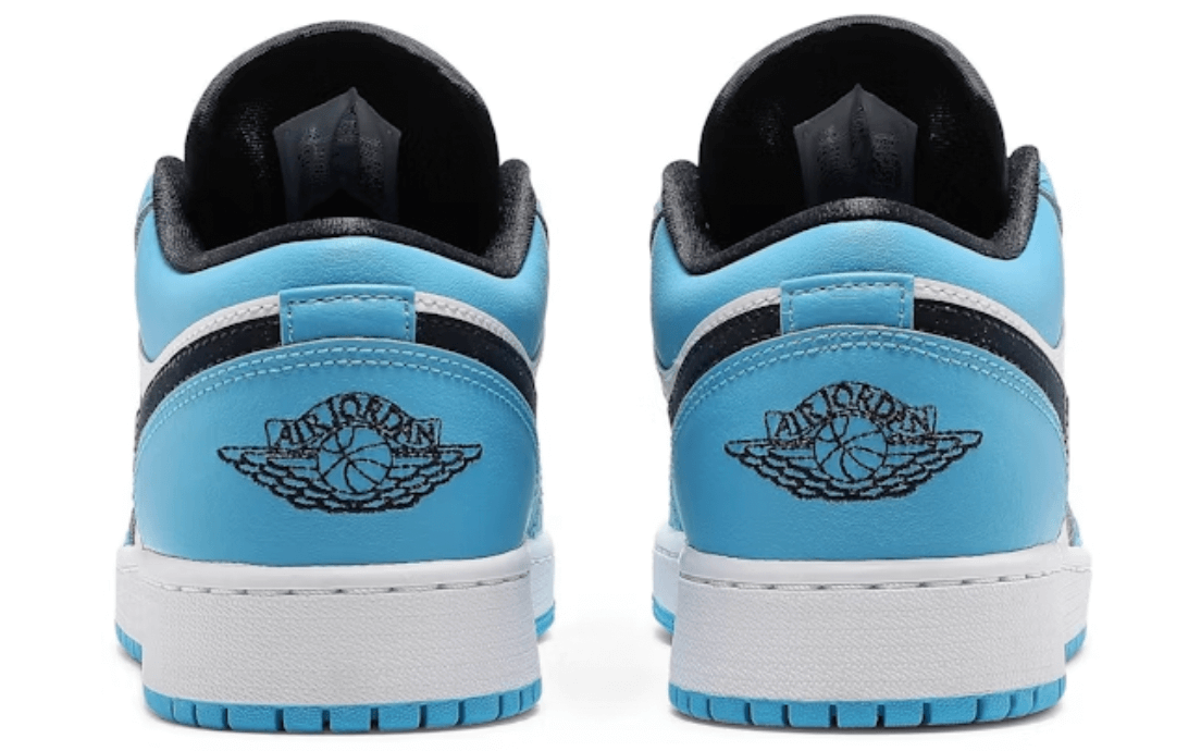 Jordan 1 Low UNC (2021) GS, rear view showcasing blue and black design, 100% authentic, next day express shipping available.
