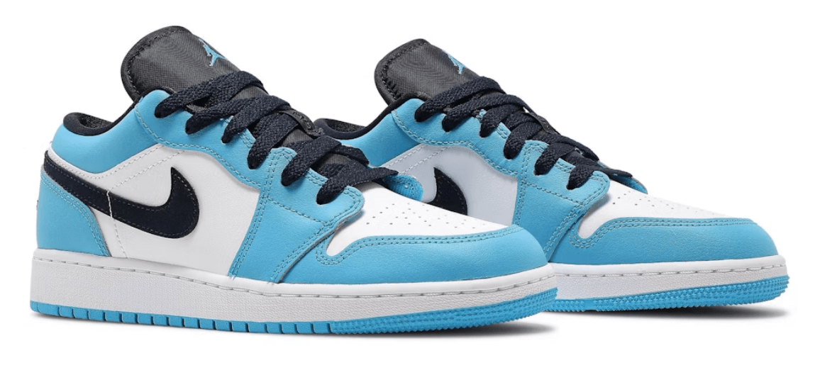 Jordan 1 Low UNC (2021) in blue and white colorway, featuring black accents and designed for kids' sizes, brand new and authentic.